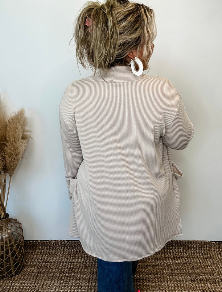 Blakeley Reese Ribbed Cardigan, Taupe-Cardigans + Kimonos-Inspired by Justeen-Women's Clothing Boutique in Chicago, Illinois