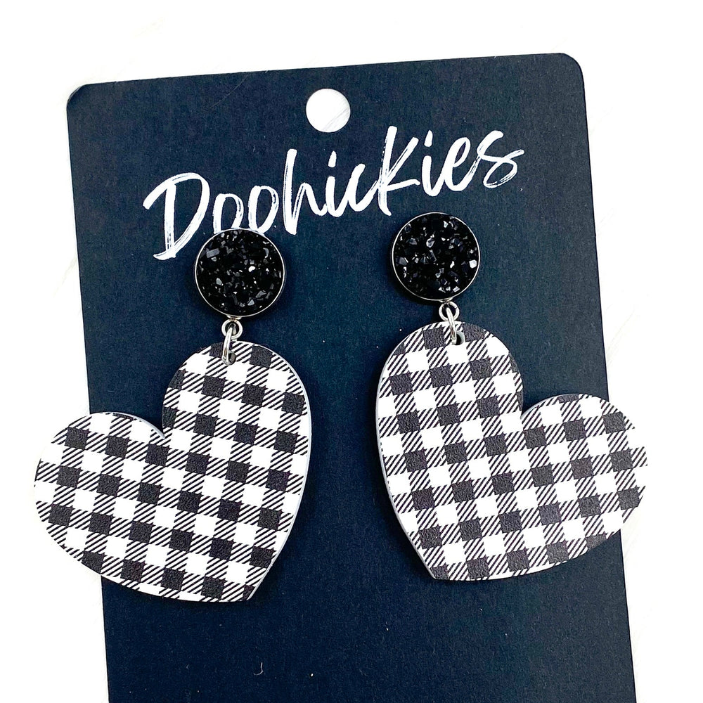 2" Buffalo Plaid Acrylic Heart Valentine Dangles-Inspired by Justeen-Women's Clothing Boutique