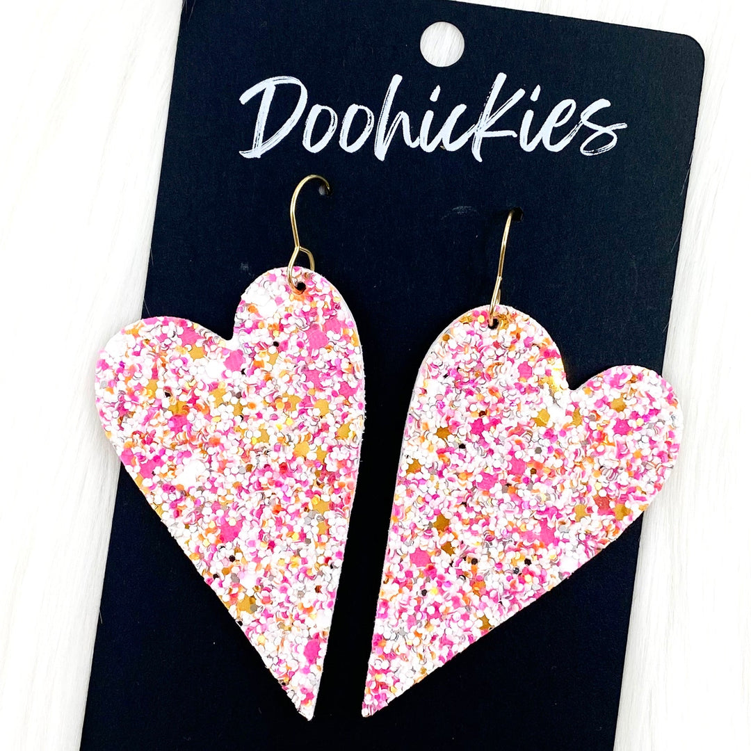 2.5" Valentine Cotton Candy Glitter Hearts (leather/cork) -Earrings-Inspired by Justeen-Women's Clothing Boutique