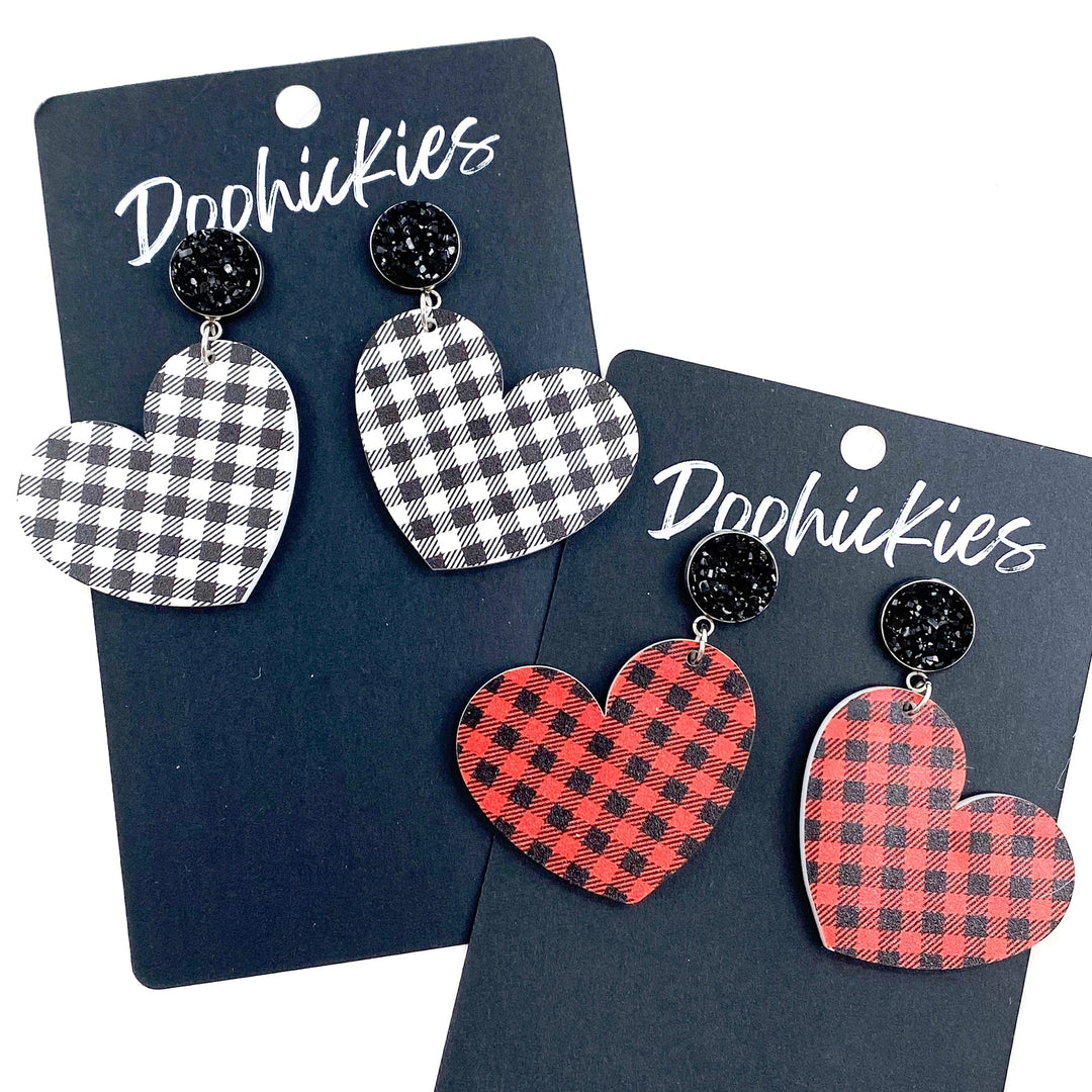 2" Buffalo Plaid Acrylic Heart Valentine Dangles-Inspired by Justeen-Women's Clothing Boutique