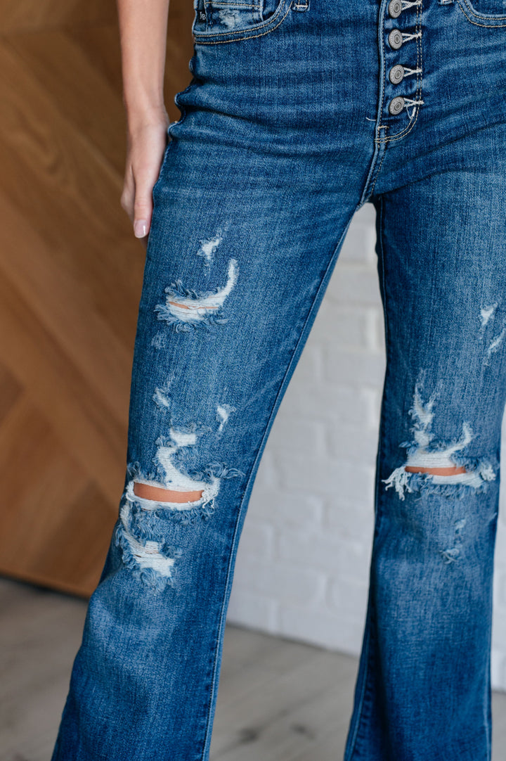 Gabriella Mid Rise Distressed Button Fly Flare-Denim-Inspired by Justeen-Women's Clothing Boutique