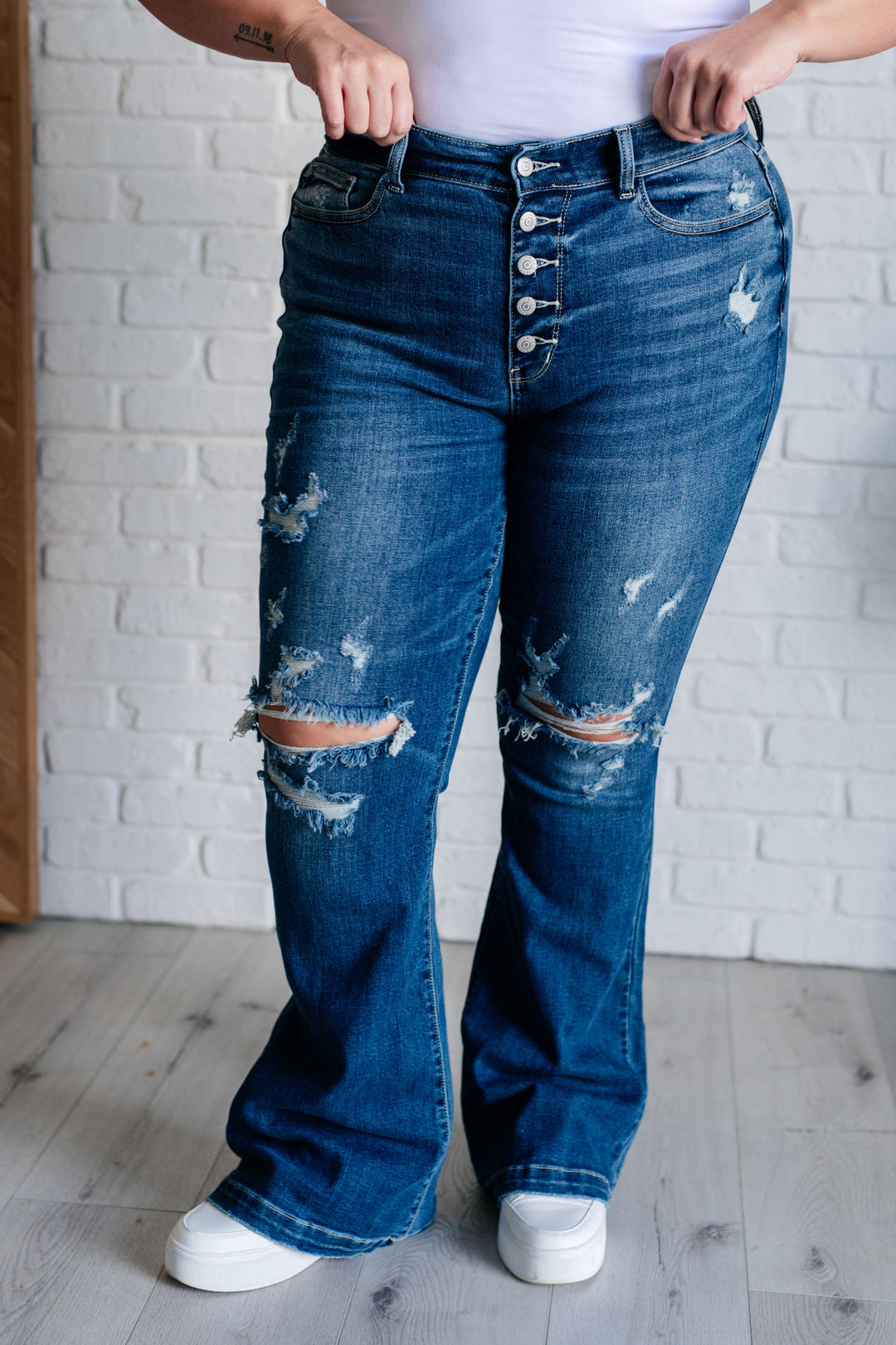 Gabriella Mid Rise Distressed Button Fly Flare-Denim-Inspired by Justeen-Women's Clothing Boutique