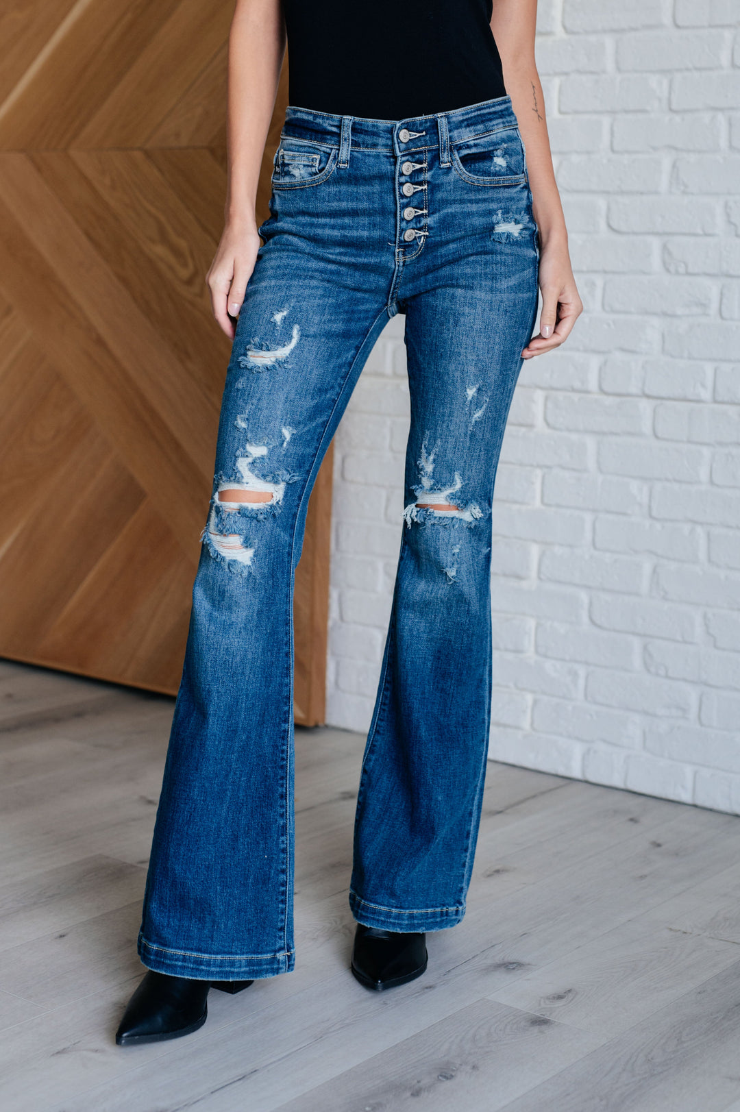 Gabriella Mid Rise Distressed Button Fly Flare-Denim-Inspired by Justeen-Women's Clothing Boutique