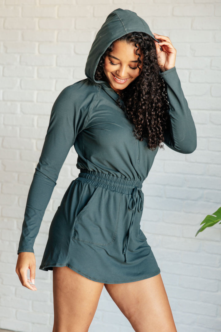 Getting Out Long Sleeve Hoodie Romper in Smoked Spruce-Jumpsuits & Rompers-Inspired by Justeen-Women's Clothing Boutique