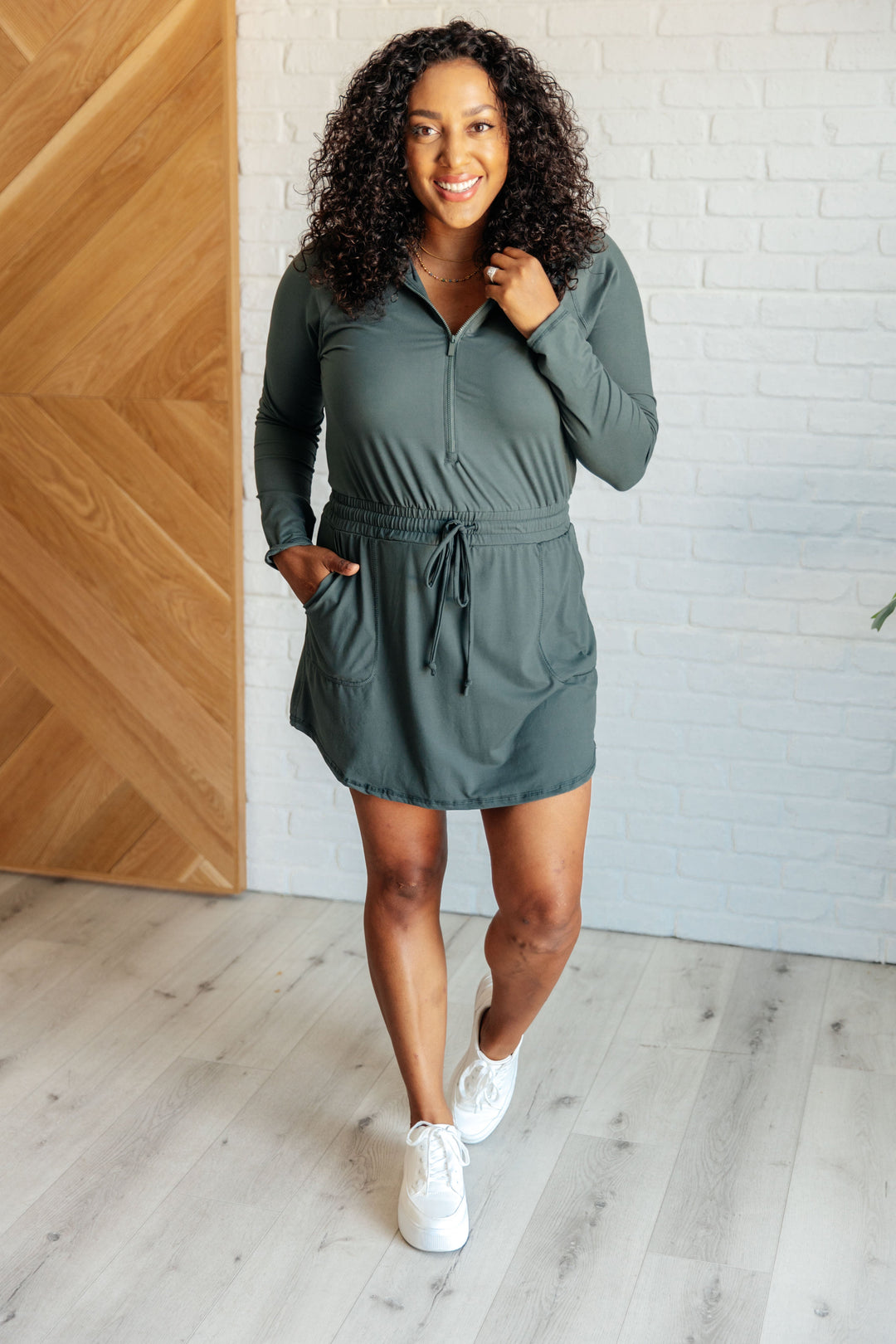 Getting Out Long Sleeve Hoodie Romper in Smoked Spruce-Jumpsuits & Rompers-Inspired by Justeen-Women's Clothing Boutique