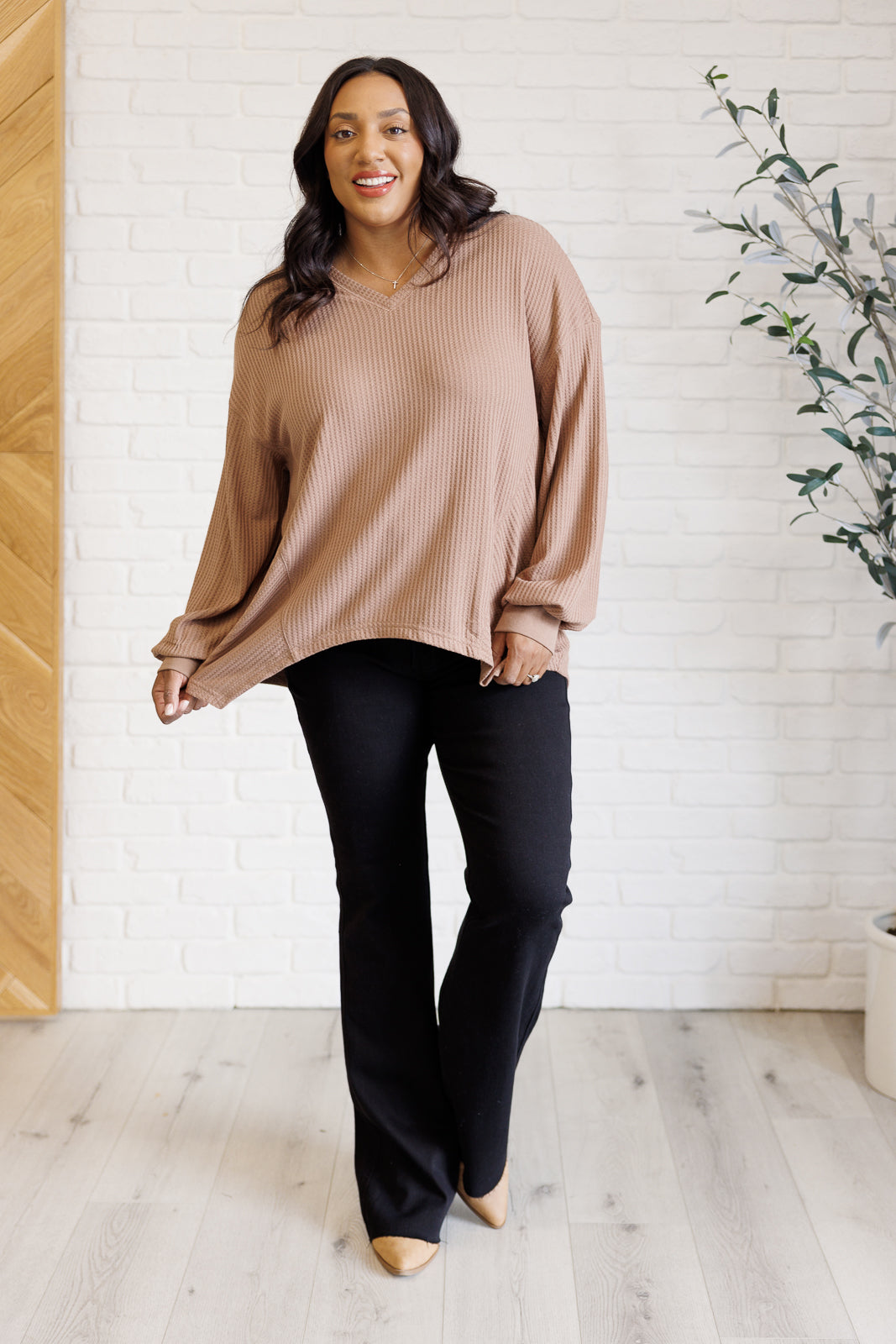 Good Things Are Coming V-Neck Top in Coffee-110 Long Sleeve Tops-Inspired by Justeen-Women's Clothing Boutique