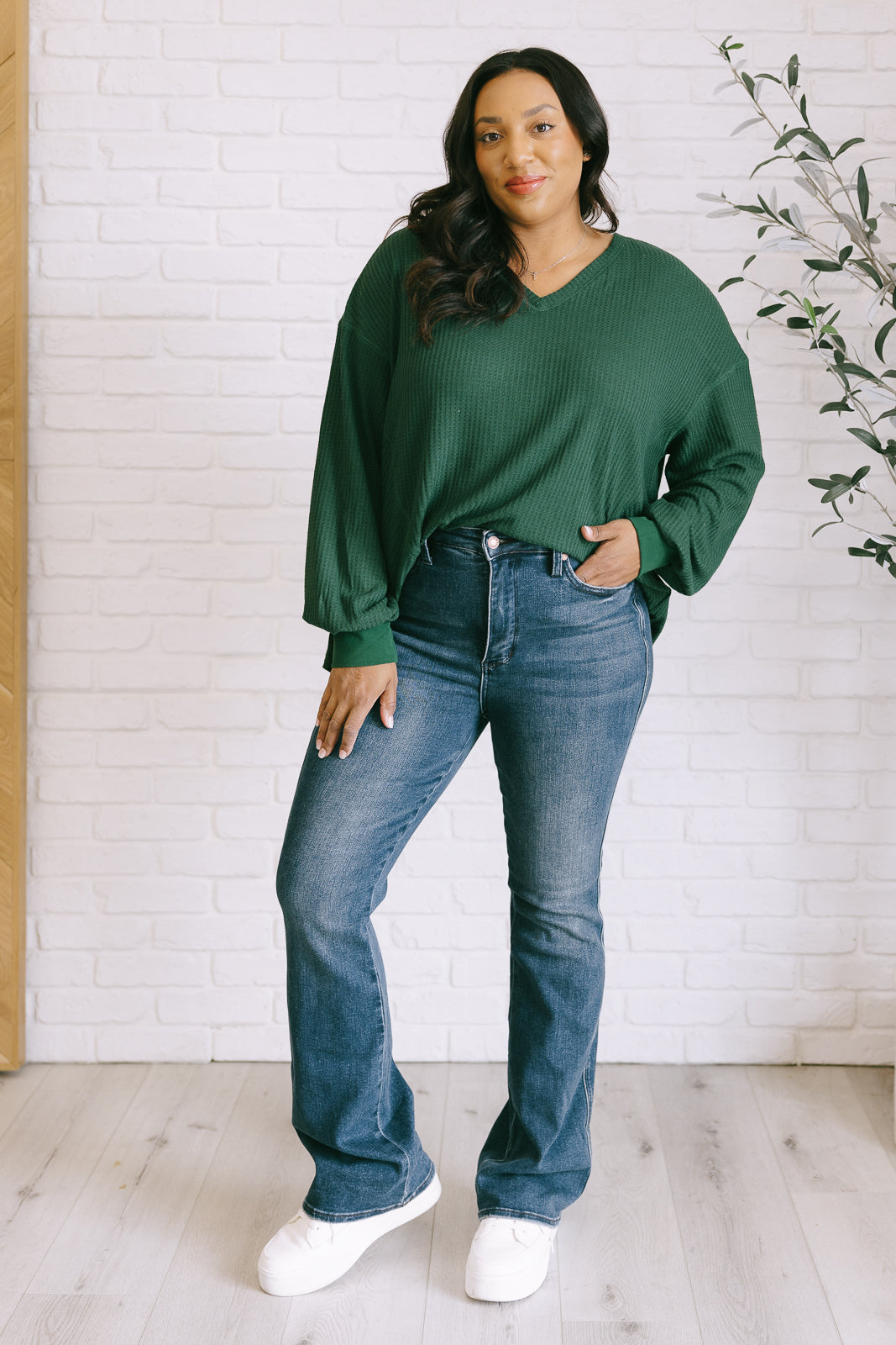 Good Things Are Coming V-Neck Top in Green-110 Long Sleeve Tops-Inspired by Justeen-Women's Clothing Boutique