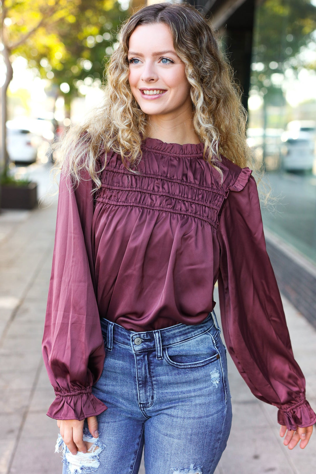 Be Your Best Wine Satin Shirred Yoke Frilled Mock Neck Top-110 Long Sleeve Tops-Inspired by Justeen-Women's Clothing Boutique