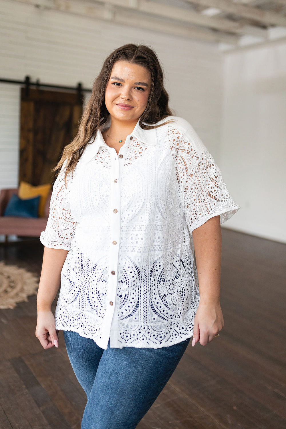 Head in the Clouds Lace Button Down-Tops-Inspired by Justeen-Women's Clothing Boutique in Chicago, Illinois