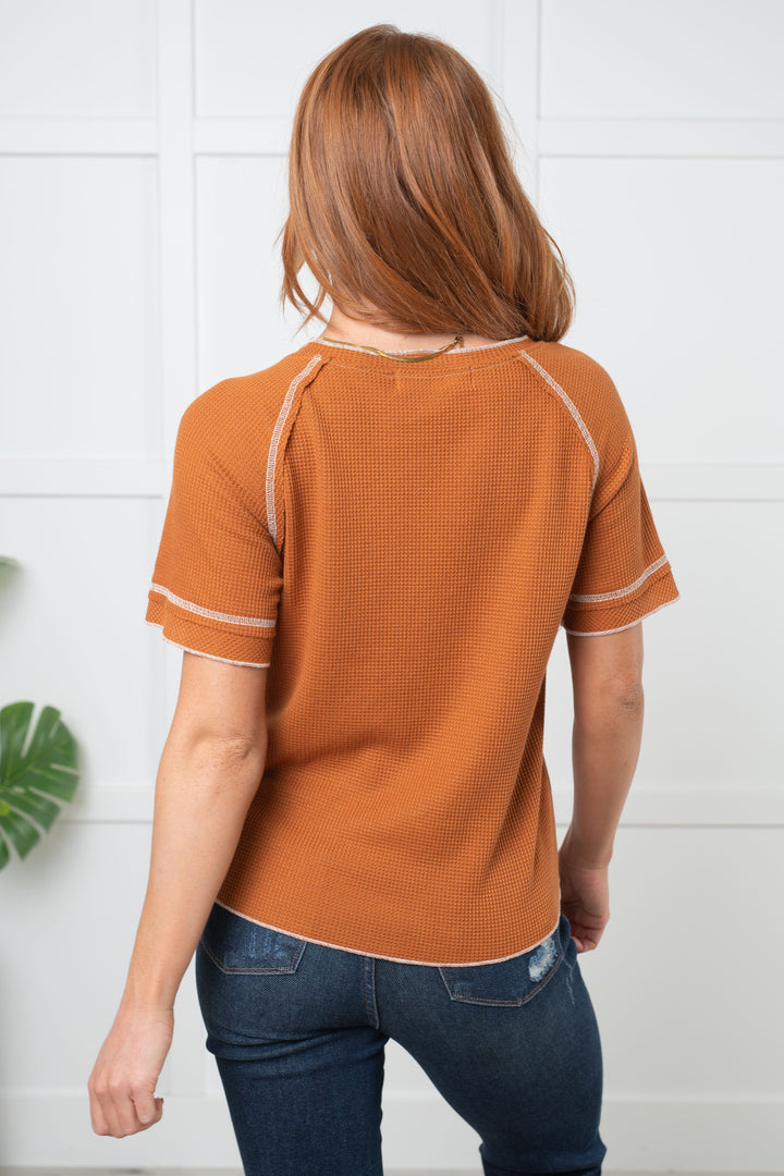 Heartbreaker Waffle Knit Tee in Chestnut-100 Short Sleeve Tops-Inspired by Justeen-Women's Clothing Boutique