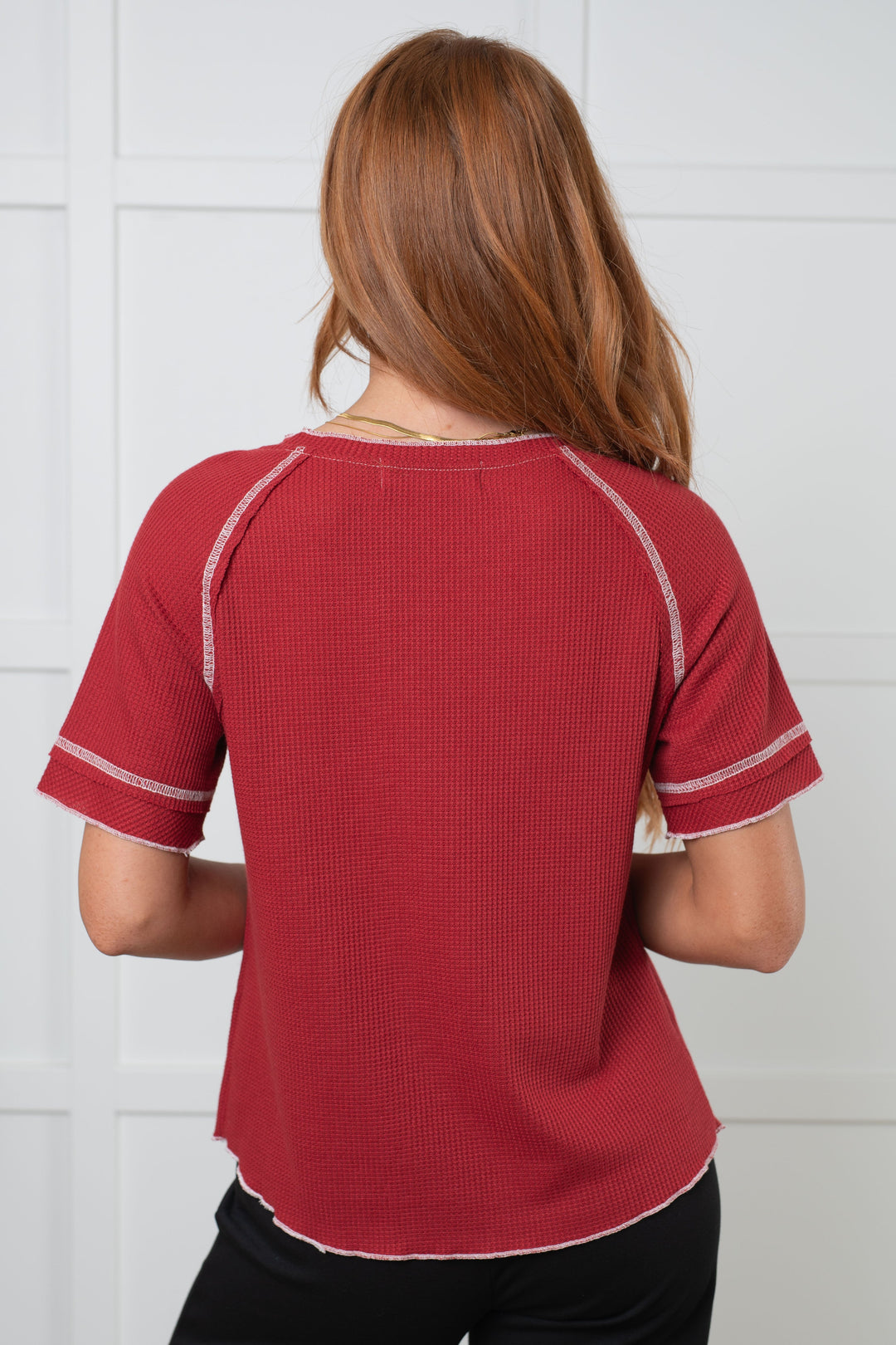 Heartbreaker Waffle Knit Tee in Cranberry-100 Short Sleeve Tops-Inspired by Justeen-Women's Clothing Boutique