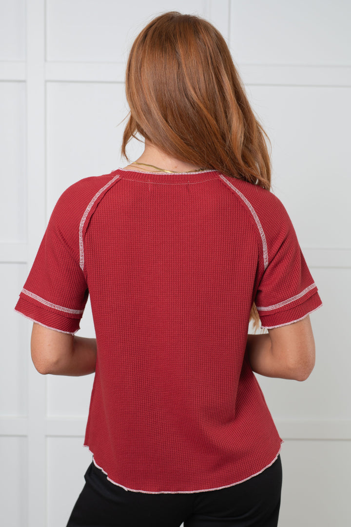 Heartbreaker Waffle Knit Tee in Cranberry-100 Short Sleeve Tops-Inspired by Justeen-Women's Clothing Boutique