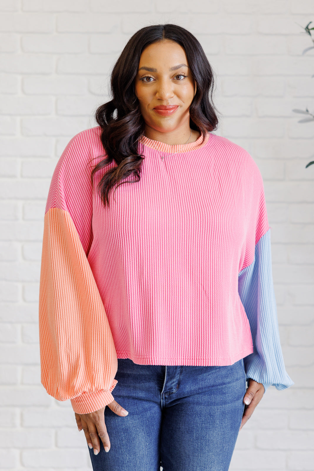 Hit Me With Your Best Shot Colorblock Top in Bright Pink-110 Long Sleeve Tops-Inspired by Justeen-Women's Clothing Boutique