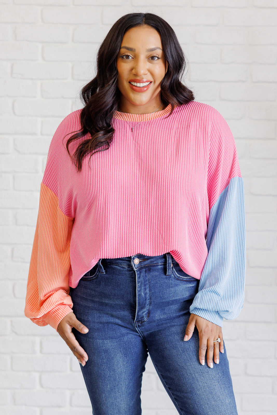 Hit Me With Your Best Shot Colorblock Top in Bright Pink-110 Long Sleeve Tops-Inspired by Justeen-Women's Clothing Boutique