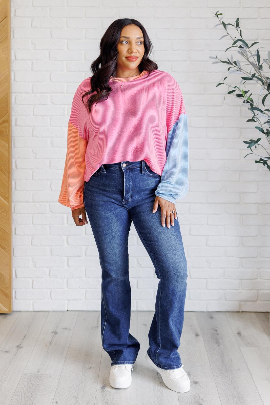 Hit Me With Your Best Shot Colorblock Top in Bright Pink-110 Long Sleeve Tops-Inspired by Justeen-Women's Clothing Boutique