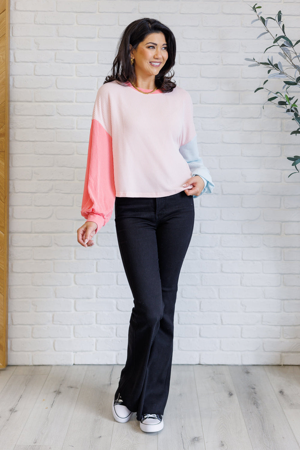 Hit Me With Your Best Shot Colorblock Top in Light Pink-110 Long Sleeve Tops-Inspired by Justeen-Women's Clothing Boutique