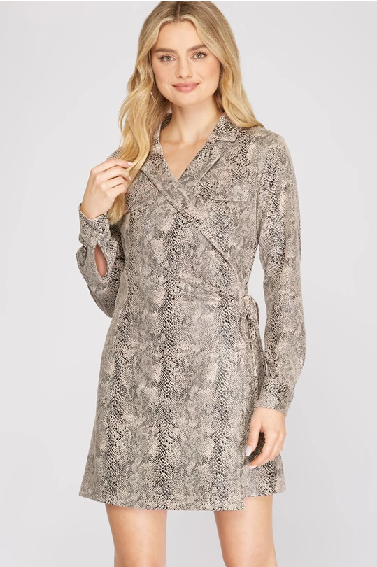 Asha Snakeskin Faux Suede Wrap Dress-Dresses-Inspired by Justeen-Women's Clothing Boutique in Chicago, Illinois