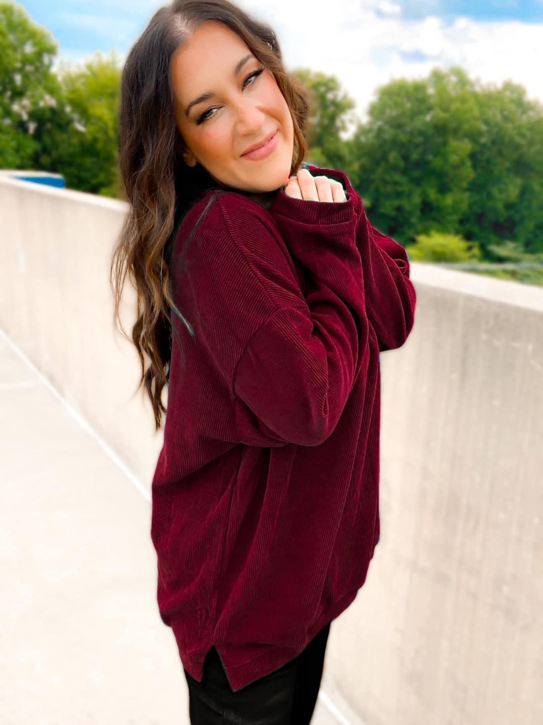Charlie Luxury Corded Crew Sweatshirts, Burgundy-Sweaters/Sweatshirts-Inspired by Justeen-Women's Clothing Boutique in Chicago, Illinois