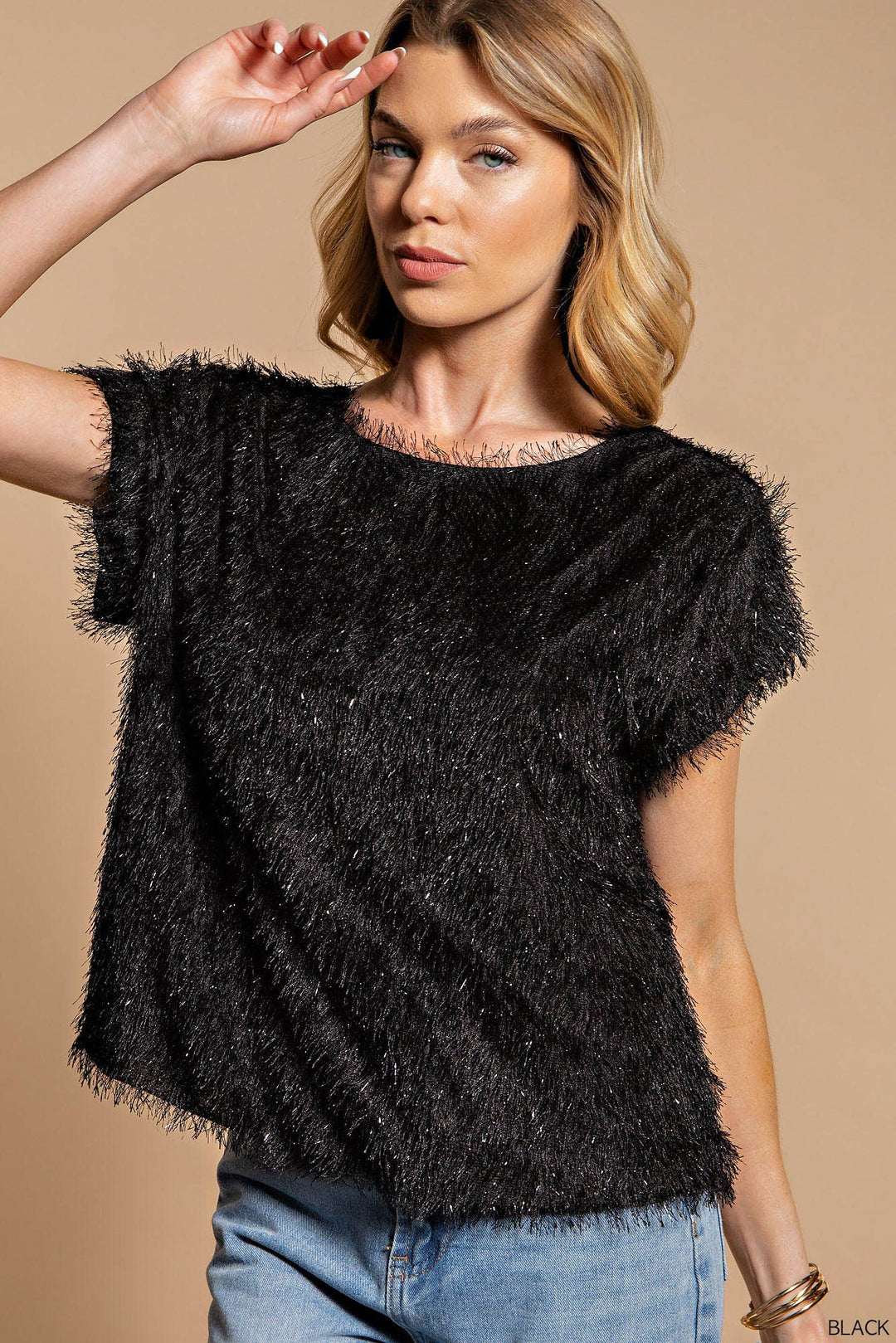 Lila Shaggy Metallic Eyelash Top, Black-Short Sleeve Tops-Inspired by Justeen-Women's Clothing Boutique in Chicago, Illinois