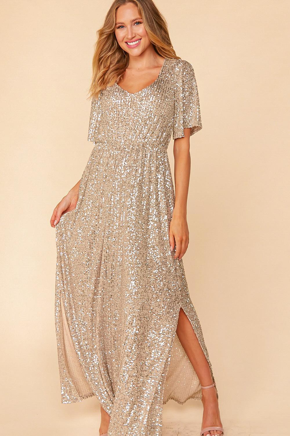 Angel Sequins Flutter Sleeve Maxi Dress-Dresses-Inspired by Justeen-Women's Clothing Boutique in Chicago, Illinois