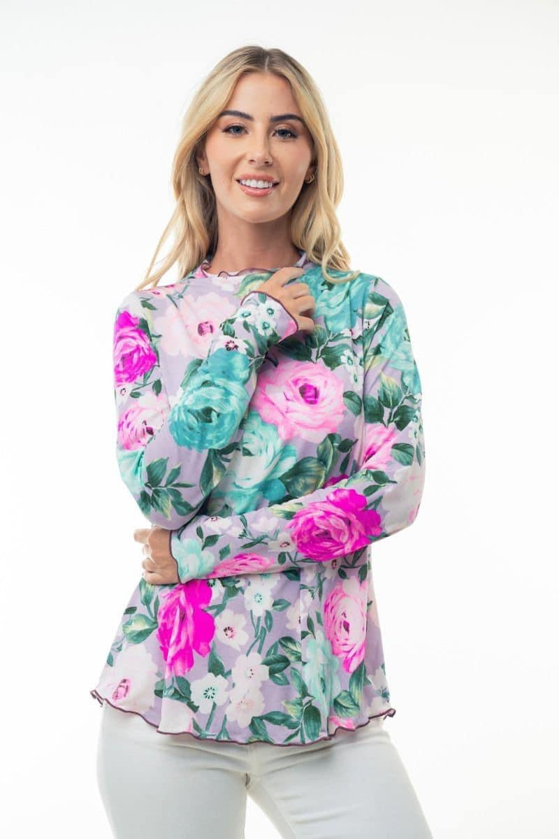 Sasha Floral Slinky Ruffled Hem Top-Long Sleeve Tops-Inspired by Justeen-Women's Clothing Boutique in Chicago, Illinois