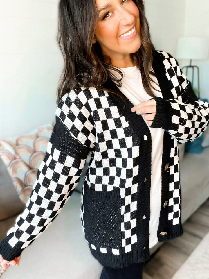 Vicki Varsity Checkered Cardigan-Cardigans + Kimonos-Inspired by Justeen-Women's Clothing Boutique in Chicago, Illinois