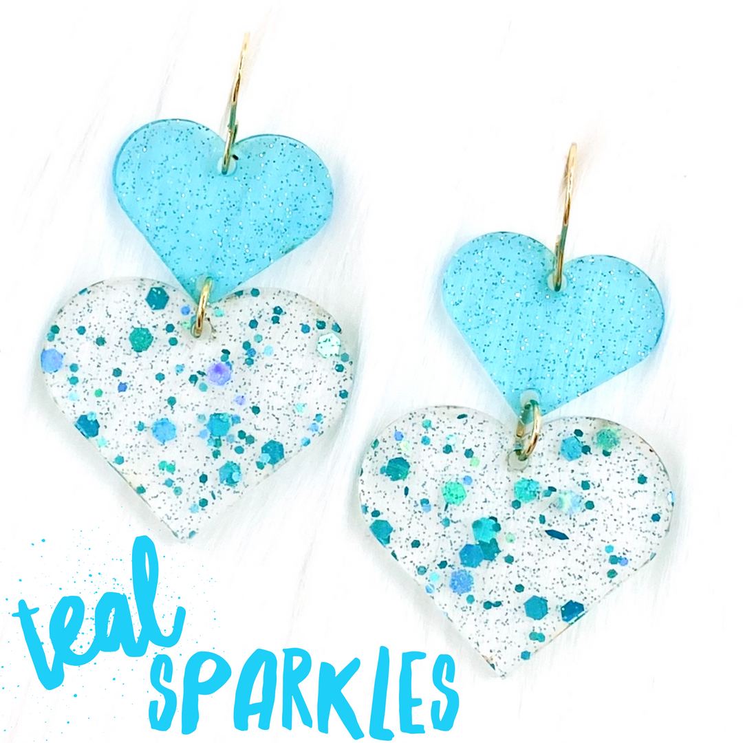 Teal Sparkle Double Hearts -Valentine's Earrings-Earrings-Inspired by Justeen-Women's Clothing Boutique