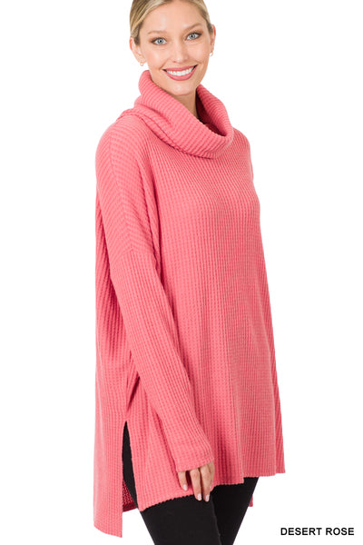 Karina Thermal Waffle Cowl Neck Sweater, Desert Rose-Sweaters/Sweatshirts-Inspired by Justeen-Women's Clothing Boutique in Chicago, Illinois