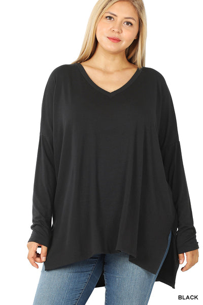 Lucy Dolman Long Sleeve V-neck Side Slit Top-Long Sleeve Tops-Inspired by Justeen-Women's Clothing Boutique in Chicago, Illinois