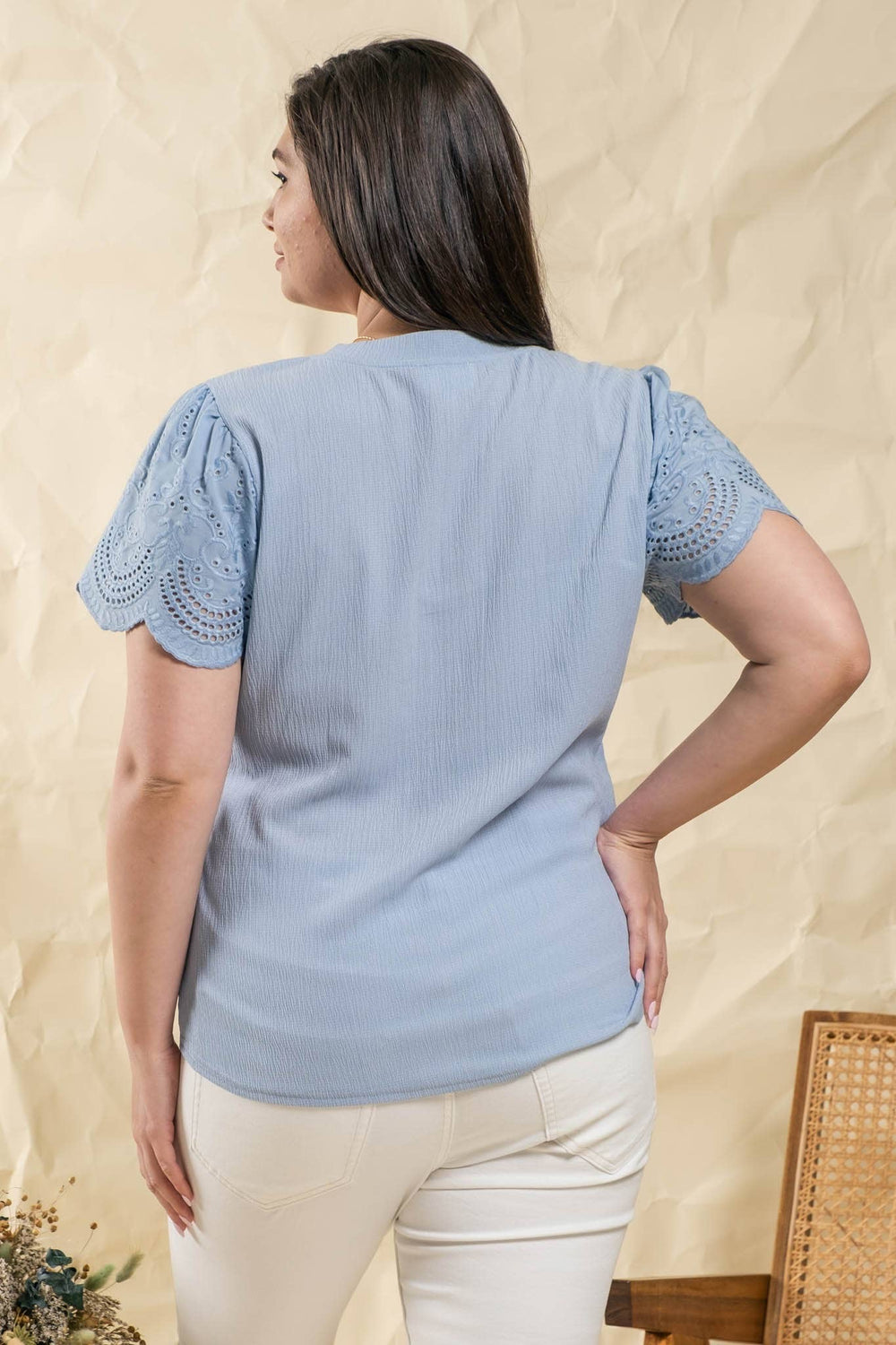 Nina Eyelet Contrast Sleeve Top, Denim Blue-100 Short Sleeve Tops-Inspired by Justeen-Women's Clothing Boutique in Chicago, Illinois