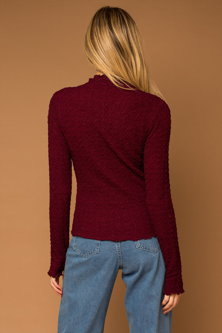 Samella Merrow Hem Textured Top, Burgundy-Long Sleeve Tops-Inspired by Justeen-Women's Clothing Boutique in Chicago, Illinois