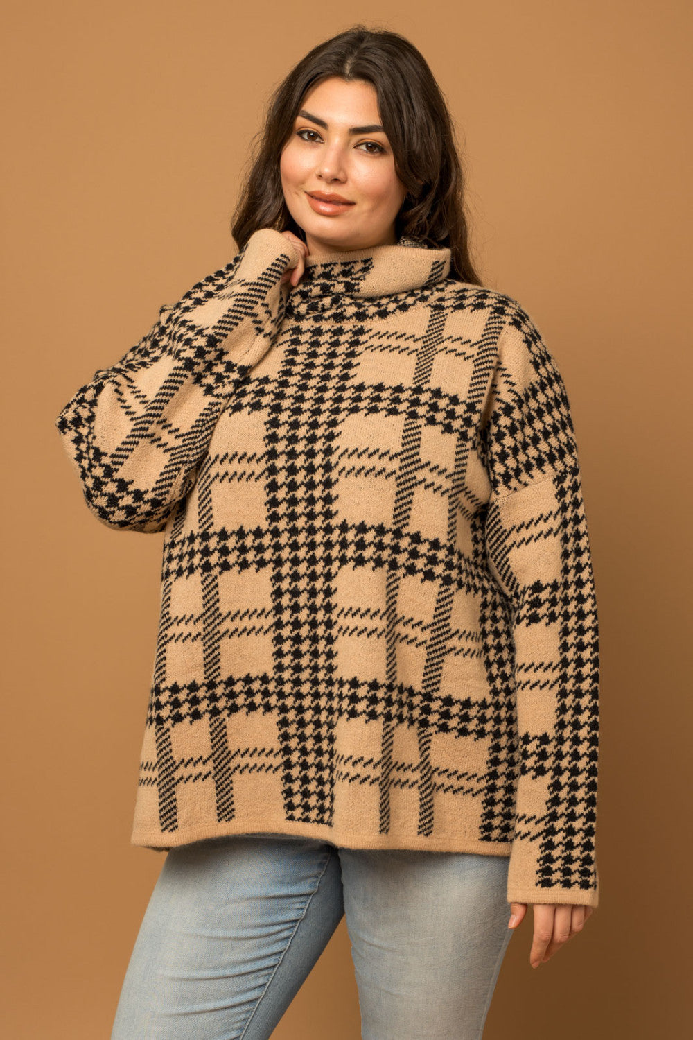 Leila Houndstooth Turtleneck Sweater-Long Sleeve Tops-Inspired by Justeen-Women's Clothing Boutique in Chicago, Illinois