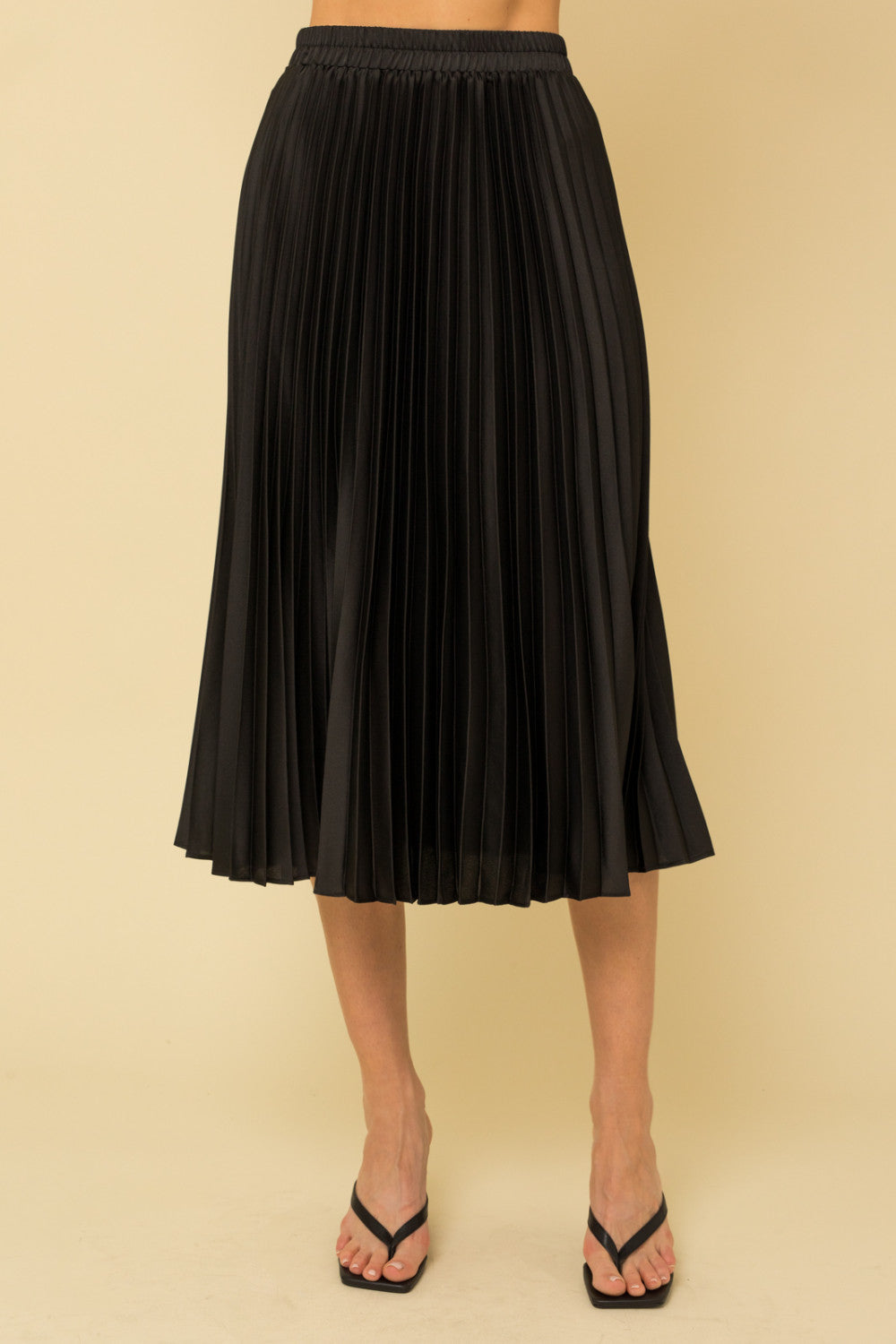 Jillian Sunburst Pleated Satin Skirt, Black-Skirts-Inspired by Justeen-Women's Clothing Boutique in Chicago, Illinois