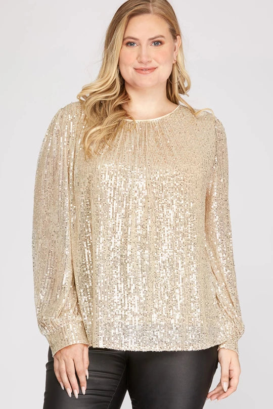 Lara Balloon Sleeve Sequin Top, Cream-Long Sleeve Tops-Inspired by Justeen-Women's Clothing Boutique in Chicago, Illinois