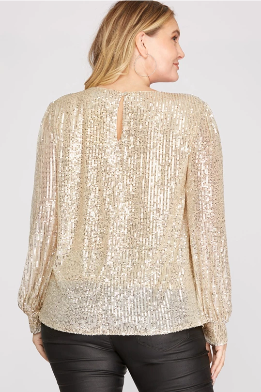Lara Balloon Sleeve Sequin Top, Cream-Long Sleeve Tops-Inspired by Justeen-Women's Clothing Boutique in Chicago, Illinois
