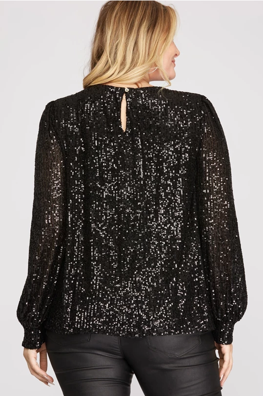 Lara Balloon Sleeve Sequin Top, Black-Long Sleeve Tops-Inspired by Justeen-Women's Clothing Boutique in Chicago, Illinois