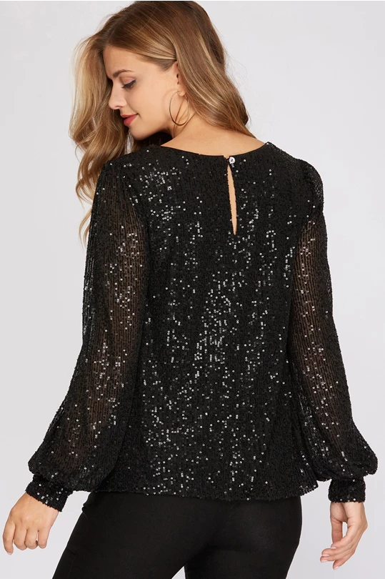 Lara Balloon Sleeve Sequin Top, Black-Long Sleeve Tops-Inspired by Justeen-Women's Clothing Boutique in Chicago, Illinois