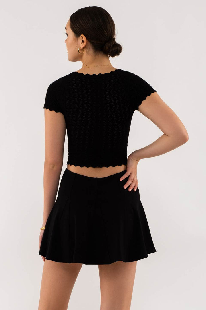 Jolinda Scallop Hem Knit Top, Black-Short Sleeve Tops-Inspired by Justeen-Women's Clothing Boutique in Chicago, Illinois