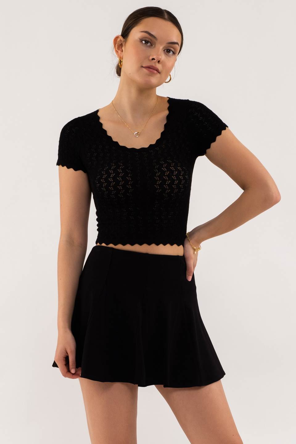 Jolinda Scallop Hem Knit Top, Black-Short Sleeve Tops-Inspired by Justeen-Women's Clothing Boutique in Chicago, Illinois