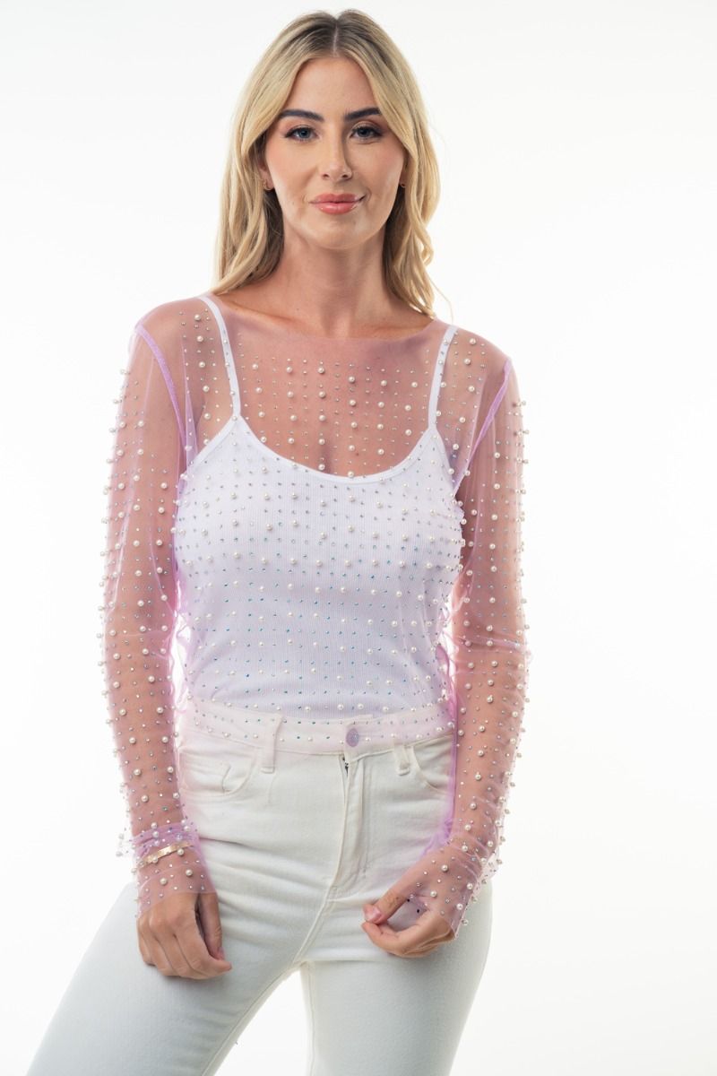 Pearl Beaded Mesh Top, Lilac-Long Sleeve Tops-Inspired by Justeen-Women's Clothing Boutique in Chicago, Illinois