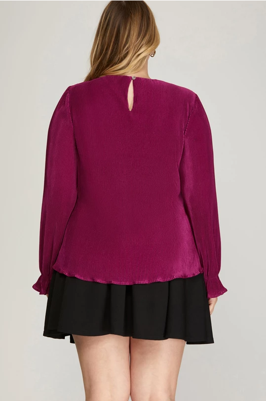 Kayla Long Sleeve Plisse Top, Magenta-Long Sleeve Tops-Inspired by Justeen-Women's Clothing Boutique in Chicago, Illinois