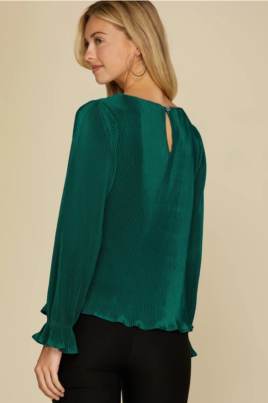 Kayla Long Sleeve Plisse Top, Sea Green-Long Sleeve Tops-Inspired by Justeen-Women's Clothing Boutique in Chicago, Illinois
