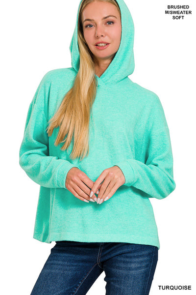 Zenana Karina Hooded Brushed Hacci Sweater, Turquoise-Sweaters/Sweatshirts-Inspired by Justeen-Women's Clothing Boutique in Chicago, Illinois