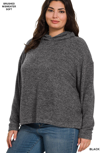 Zenana Karina Hooded Brushed Hacci Sweater, Black-Sweaters/Sweatshirts-Inspired by Justeen-Women's Clothing Boutique in Chicago, Illinois