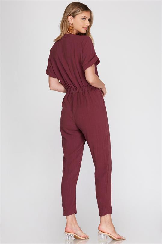 Mel Short Sleeve Tie Waist Jumpsuit, Plum-Jumpsuits-Inspired by Justeen-Women's Clothing Boutique in Chicago, Illinois