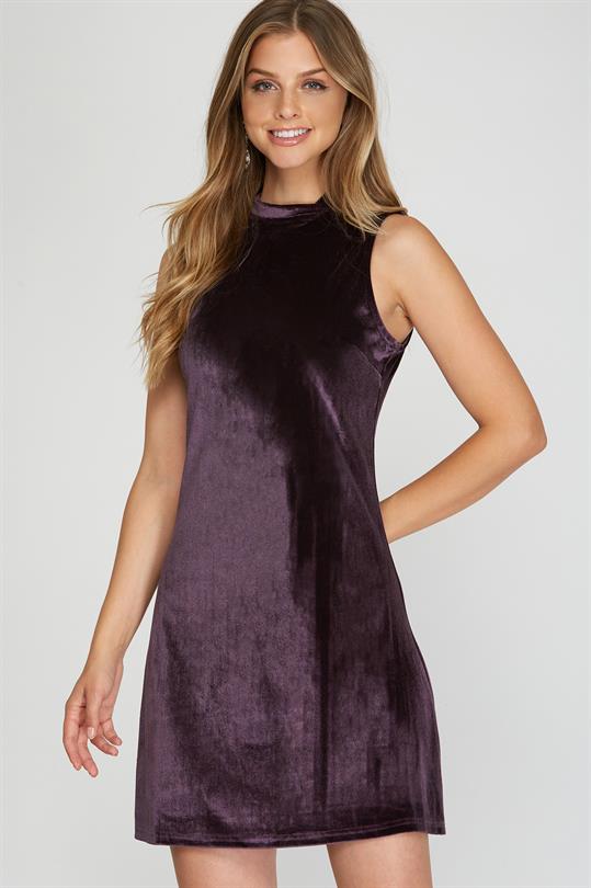 Amber Sleeveless Mock Neck Velvet Dress, Eggplant-Dresses-Inspired by Justeen-Women's Clothing Boutique in Chicago, Illinois