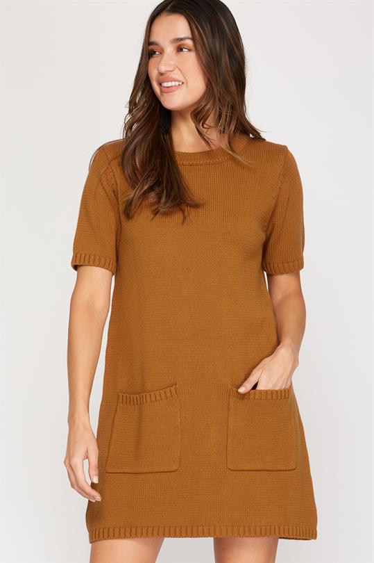 Jess Knit Sweater Shift Pocket Dress, Camel-Dresses-Inspired by Justeen-Women's Clothing Boutique in Chicago, Illinois
