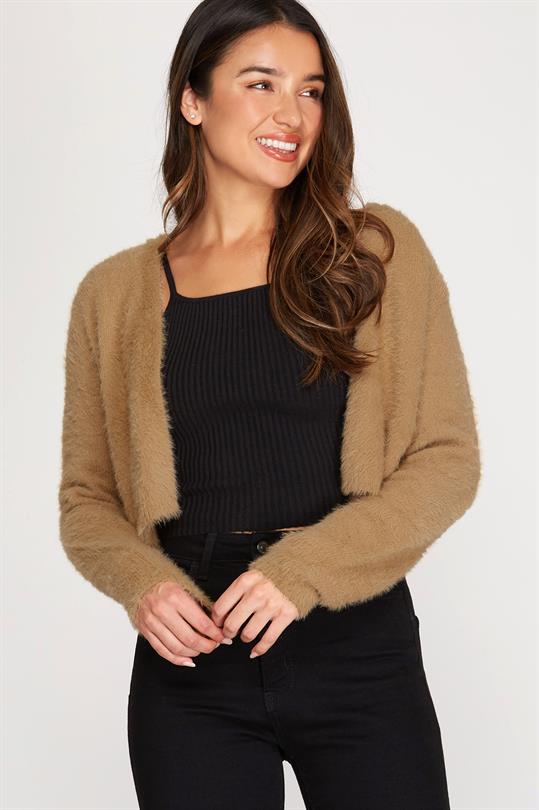 Millie Fuzzy Knit Cropped Sweater Cardigan, Camel-Cardigans + Kimonos-Inspired by Justeen-Women's Clothing Boutique in Chicago, Illinois