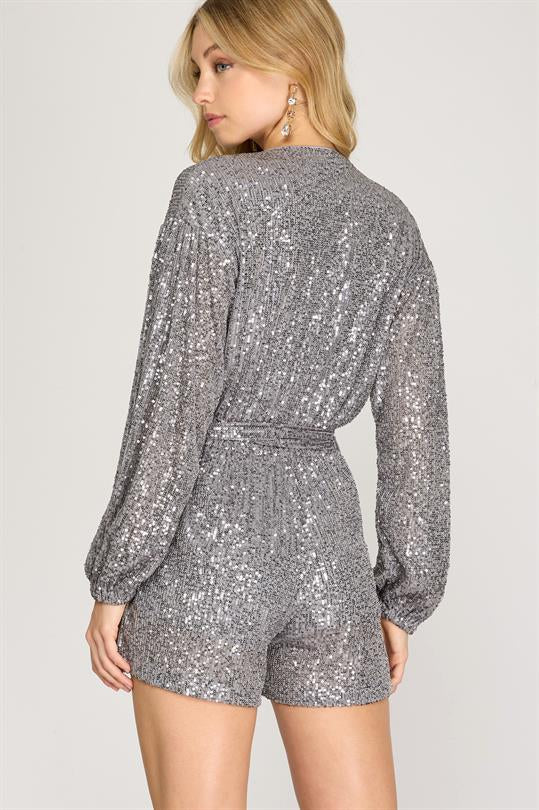 Jazzy Surplice Sequin Pocket Romper, Grey-Jumpsuits-Inspired by Justeen-Women's Clothing Boutique in Chicago, Illinois