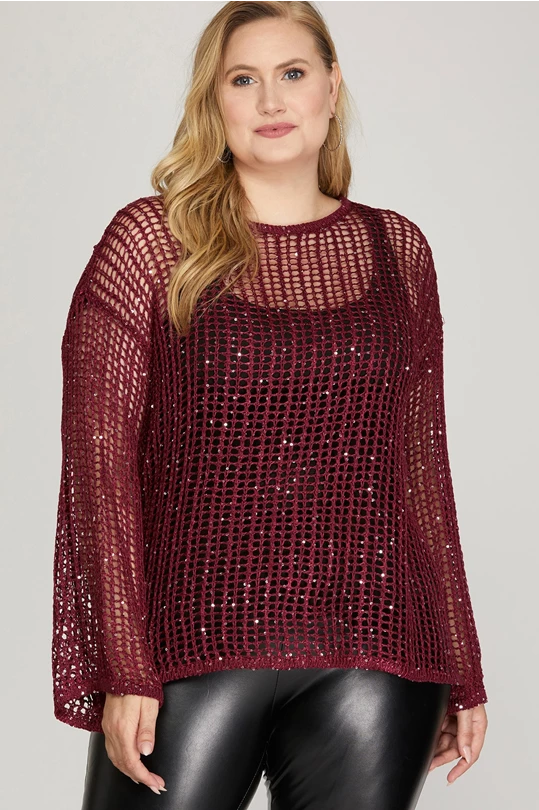 Tessa Fish-net Sequin Sweater Top, Wine-Short Sleeve Tops-Inspired by Justeen-Women's Clothing Boutique in Chicago, Illinois